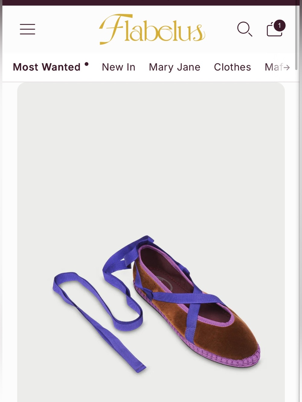 Flabelus Brown Velvet Ballet Flat with Purple Ribbon Tie